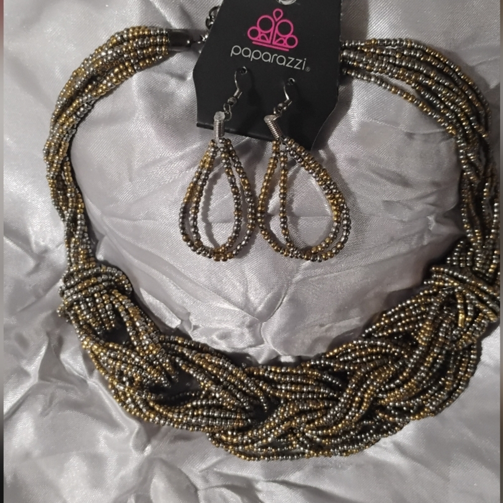 Gold and Silver Beaded Necklace and Earring Set